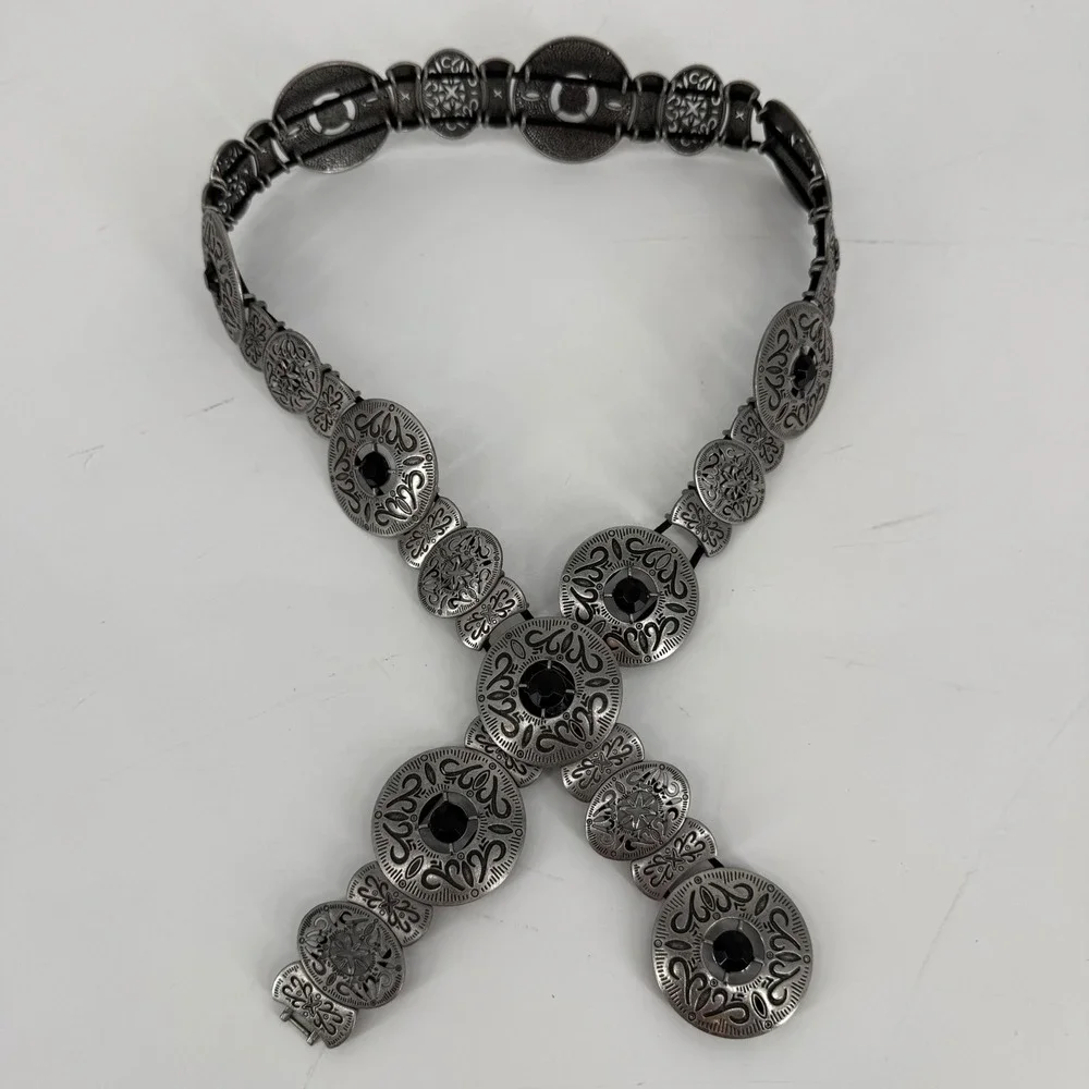 Vintage Y2K Silver Tone Concho Belt Black‎ Rhinestone Boho Western Festival 37